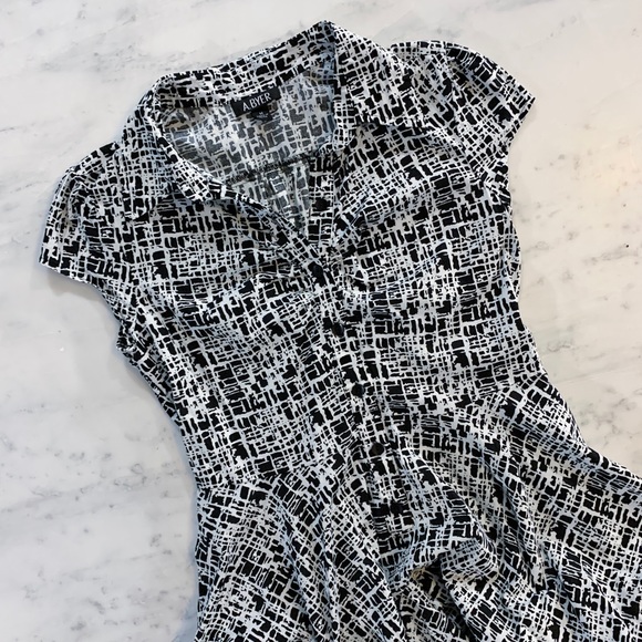 Black White Pattern Button Down Fit Flair Dress - Picture 2 of 8